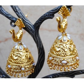 Peacock Pearl Gold Jhumkas